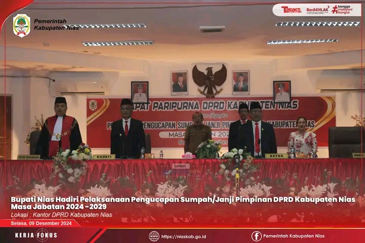 Bupati Nias hadiri Pelaksanaan Pengucapan Sumpah/Janji Pimpinan DPRD Kabupaten Nias Masa Jabatan 2024-2029